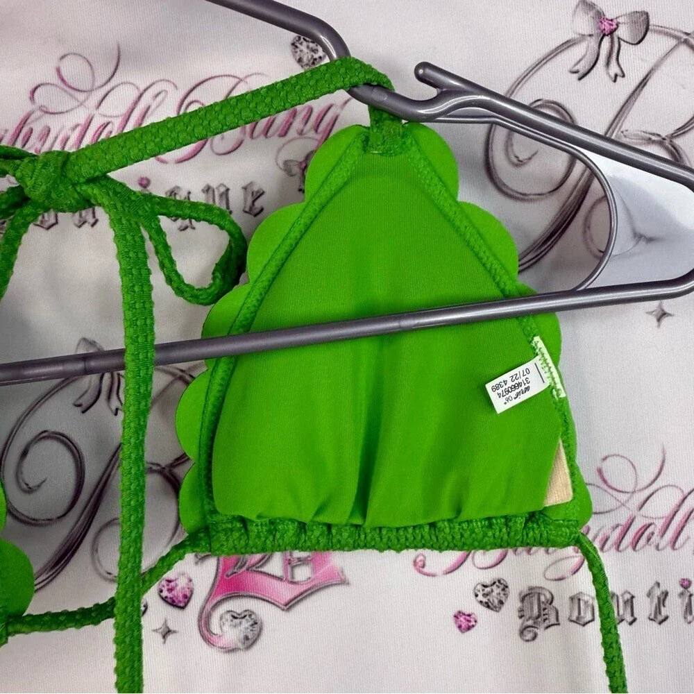 Aerie bikini, top textured fabric tie up Vibrant Green Scalloped Bikini Top